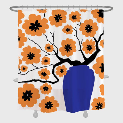 Rynx | Plum Blossom and Vase Shower Curtain with Hooks, Floral Bathroom Curtains with Rings, Unique Bathroom Decoration, Boho Shower Curtain, Custom Designed Bathroom Curtains, Extra Long Shower Curtain