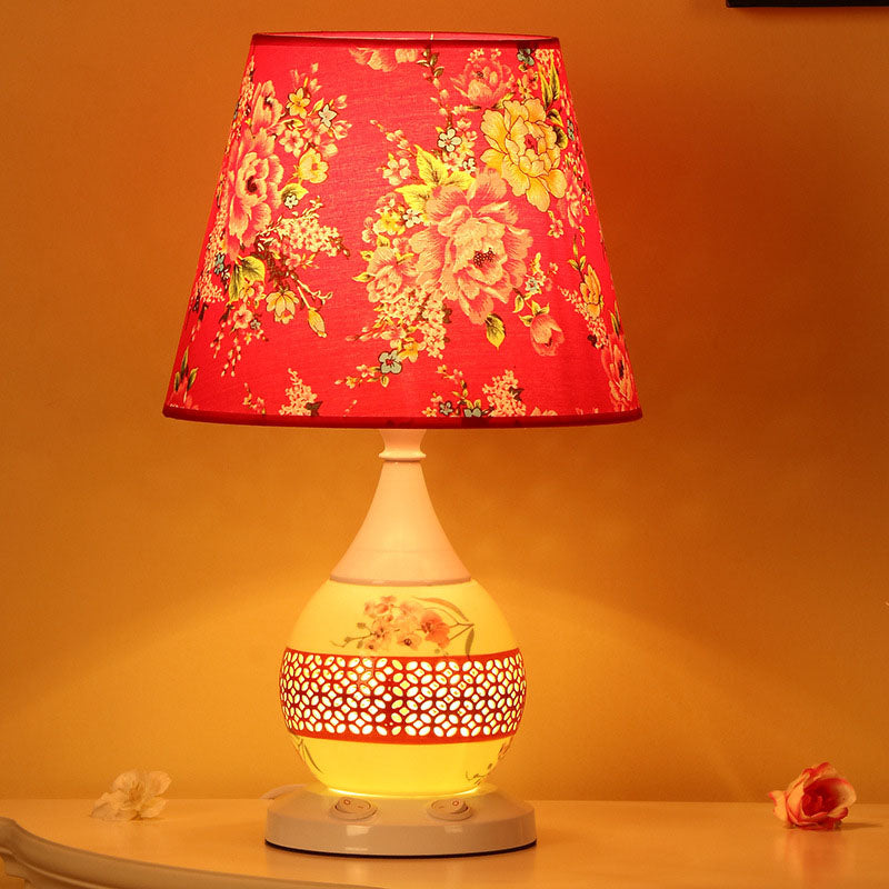 Rynx | Chinese Minimalist Ceramic Floral Fabric Cone 1-Light Table Lamp