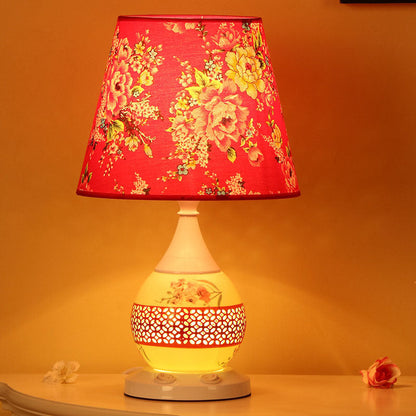 Rynx | Chinese Minimalist Ceramic Floral Fabric Cone 1-Light Table Lamp