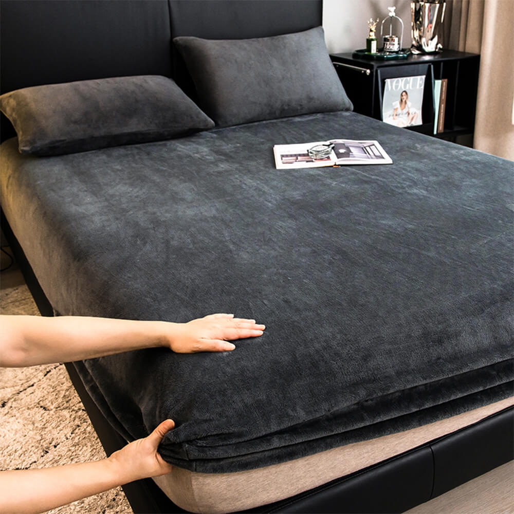 RYNX | Velvet Soft Fitted Sheet Mattress Cover Dark Grey