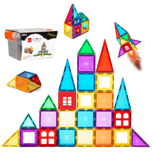 Rynx | 32-piece children's mini magnetic tiles educational STEM toy set with carrying case