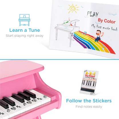 Rynx | Kids 25-Key Wooden Learning Mini Piano with Key Note Stickers, Music Book