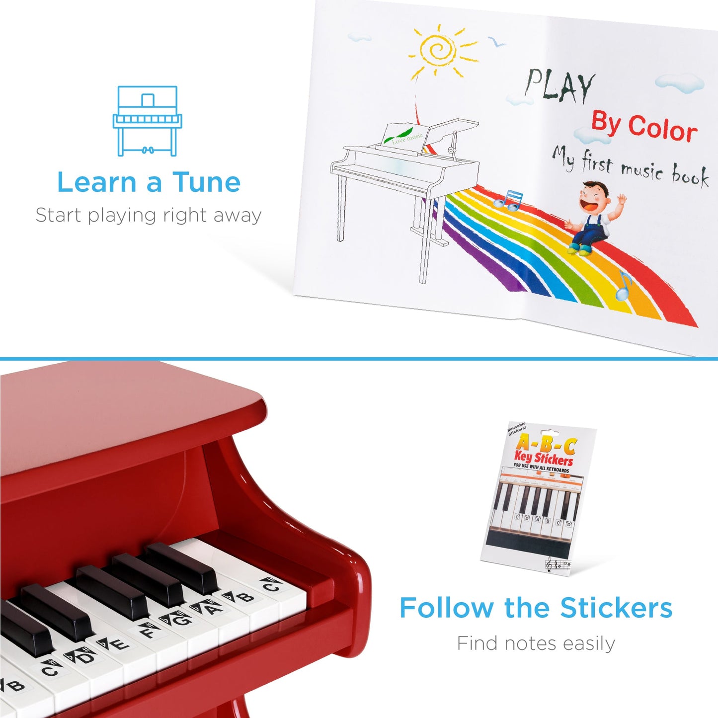 Rynx | Kids 25-Key Wooden Learning Mini Piano with Key Note Stickers, Music Book