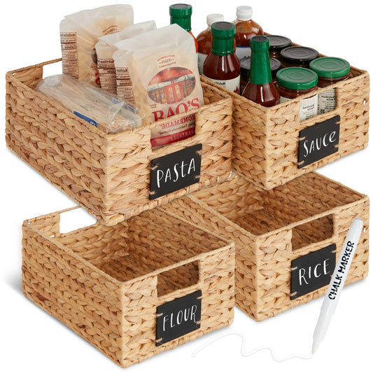Rynx | Set of 4 Water Hyacinth Storage Baskets with Table, Markers - 12in