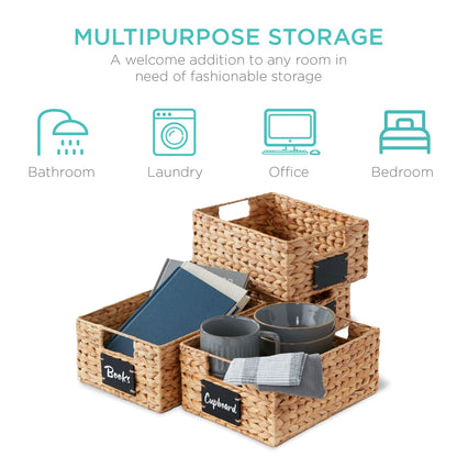 Rynx | Set of 4 Water Hyacinth Storage Baskets with Table, Markers - 12in