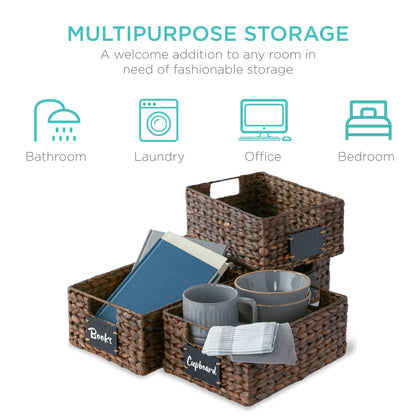 Rynx | Set of 4 Water Hyacinth Storage Baskets with Table, Markers - 12in