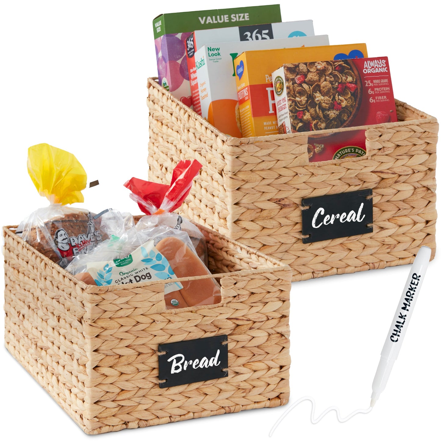 Rynx | Set of 2 water hyacinth mat baskets with chalkboard, marker - 16 inches