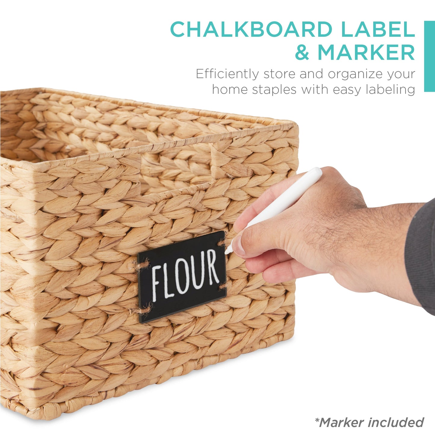 Rynx | Set of 2 water hyacinth mat baskets with chalkboard, marker - 16 inches