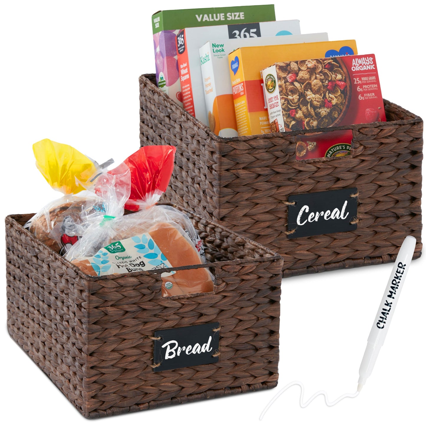 Rynx | Set of 2 water hyacinth mat baskets with chalkboard, marker - 16 inches