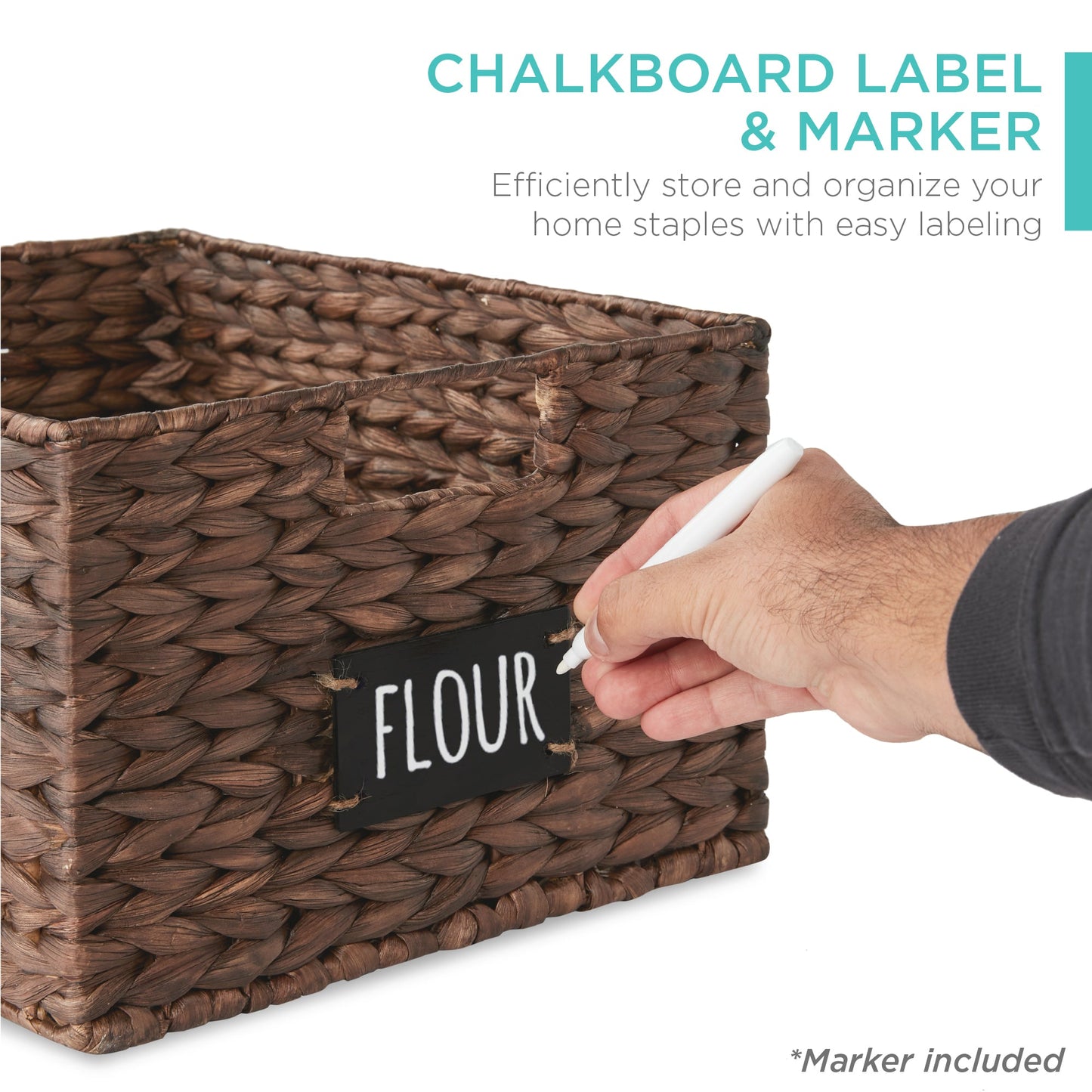 Rynx | Set of 2 water hyacinth mat baskets with chalkboard, marker - 16 inches