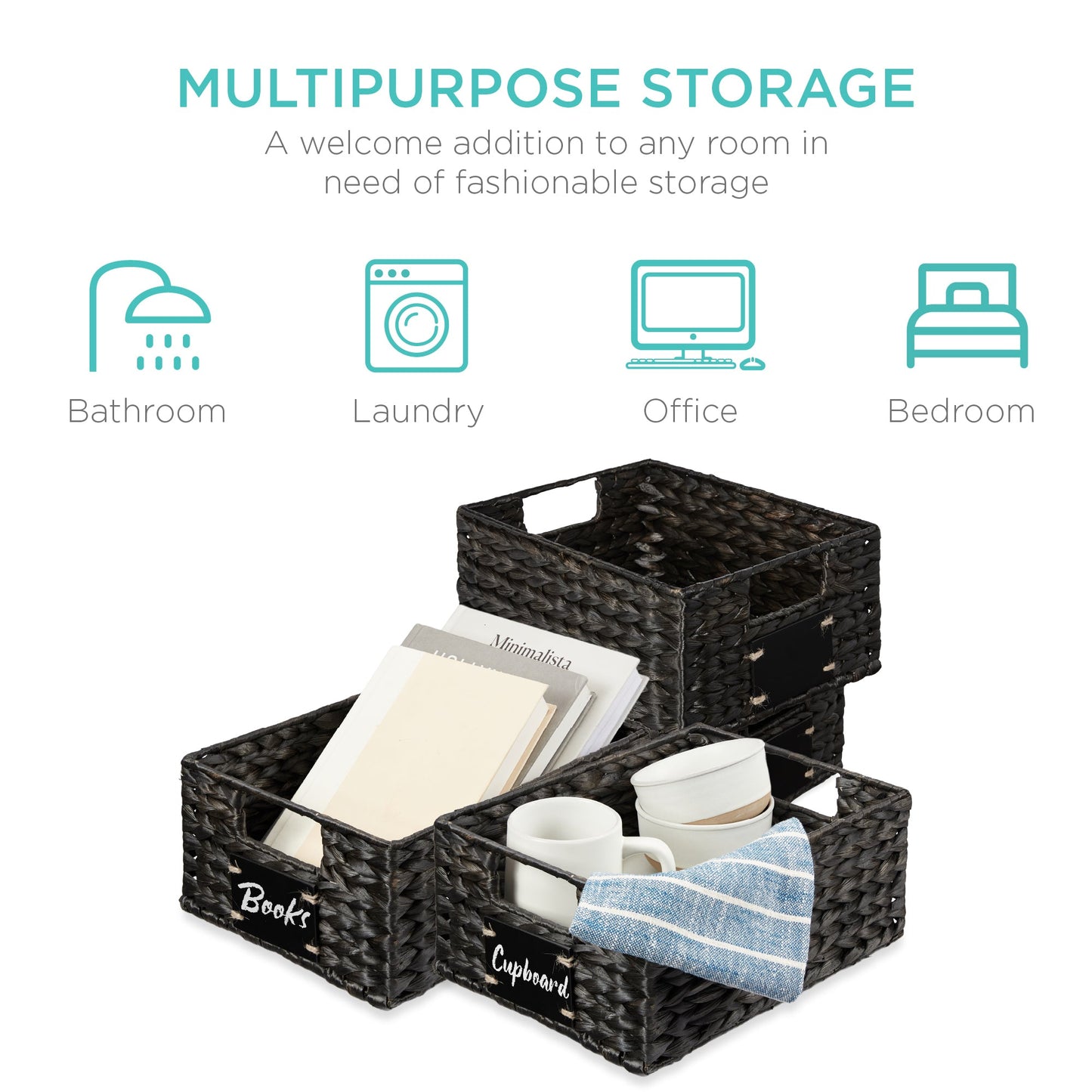 Rynx | Set of 4 Water Hyacinth Storage Baskets with Table, Markers - 12in