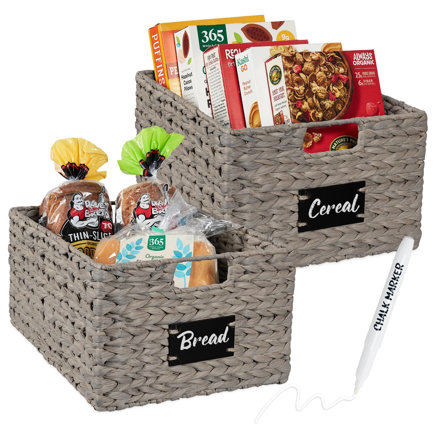 Rynx | Set of 2 water hyacinth mat baskets with chalkboard, marker - 16 inches