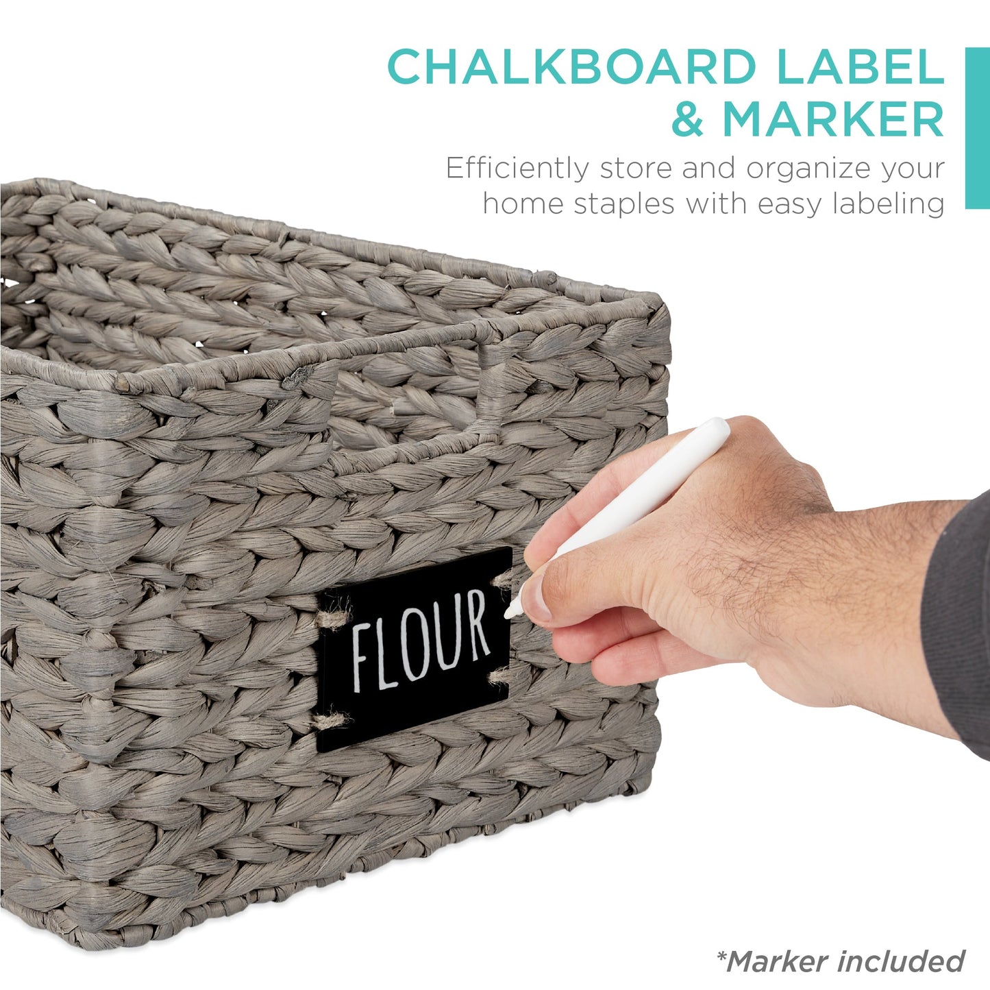 Rynx | Set of 2 water hyacinth mat baskets with chalkboard, marker - 16 inches