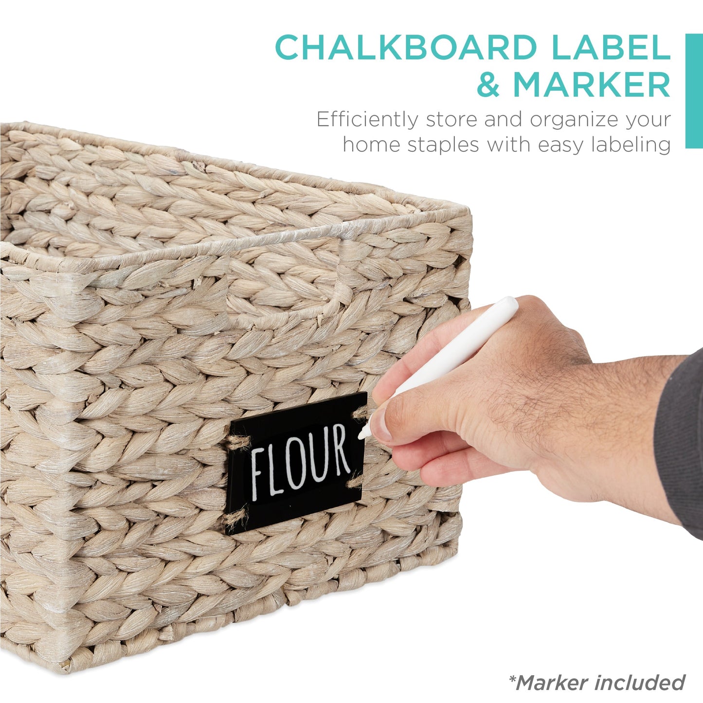 Rynx | Set of 2 water hyacinth mat baskets with chalkboard, marker - 16 inches