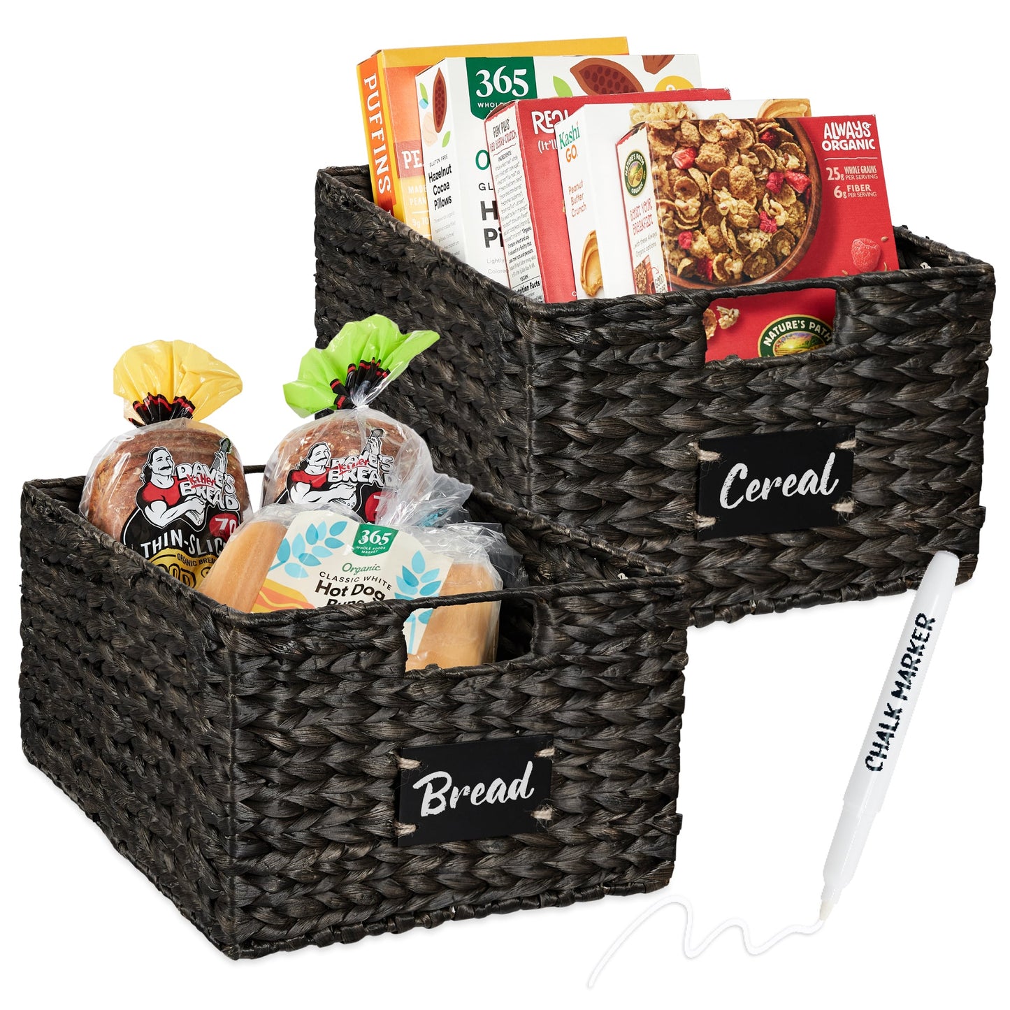 Rynx | Set of 2 water hyacinth mat baskets with chalkboard, marker - 16 inches