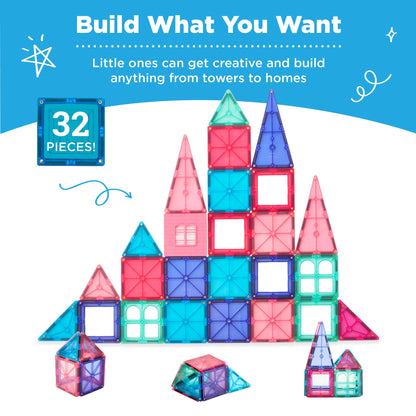 Rynx | 32-piece children's mini magnetic tiles educational STEM toy set with carrying case