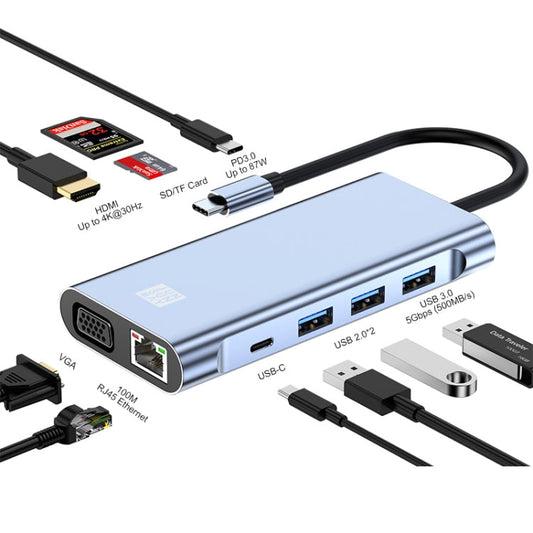 Rynx | JUNSUNMAY 10 in 1 Type-C to 4K HDMI + VGA + RJ45 + 3.5mm Audio Docking Station Adapter PD Fast Charging Hub SD/TF Card Reader