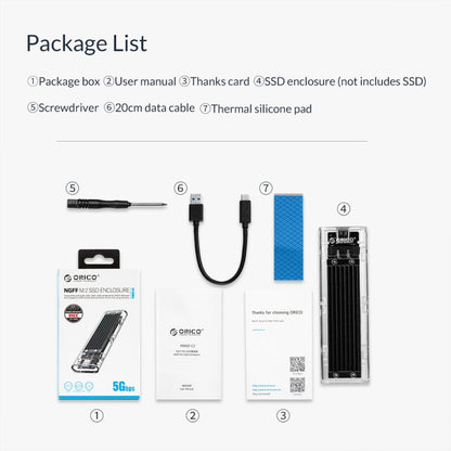 Rynx | ORICO TCM2F-C3 NGFF M.2 Hard Drive Enclosure, tool-free Type-C connection, transparent hard drive box