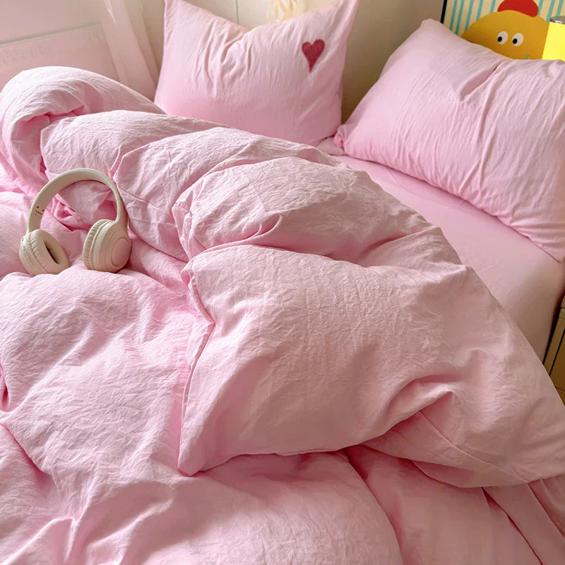 Rynx | Cute pink heart bedding set in Nordic embroidery bed sheet set of four pieces for home luxury duvet cover set for girls
