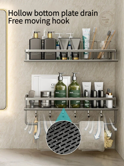 Rynx | Punch-Free Bathroom Rack – Aluminum Space-Saving Shelf – No Drill Hanging Organizer – Wall-Mounted Toilet Shelf for Efficient Bathroom Storage