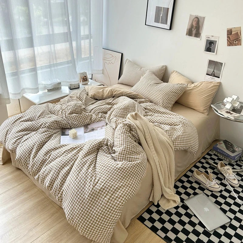 Rynx | Striped Plaid Series Bedding Comforter Sets Duvet Cover Sheet Set with Pillowcase Bedding Set for Queens/King Bed