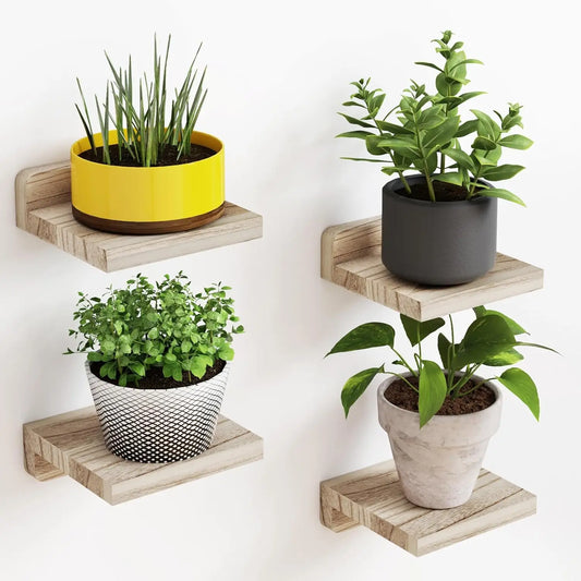 Rynx | 4 Pack Small Wood Floating Shelves - 5 Inch Wall Display Ledges for Room Decor, Includes Two Types of Installation Options