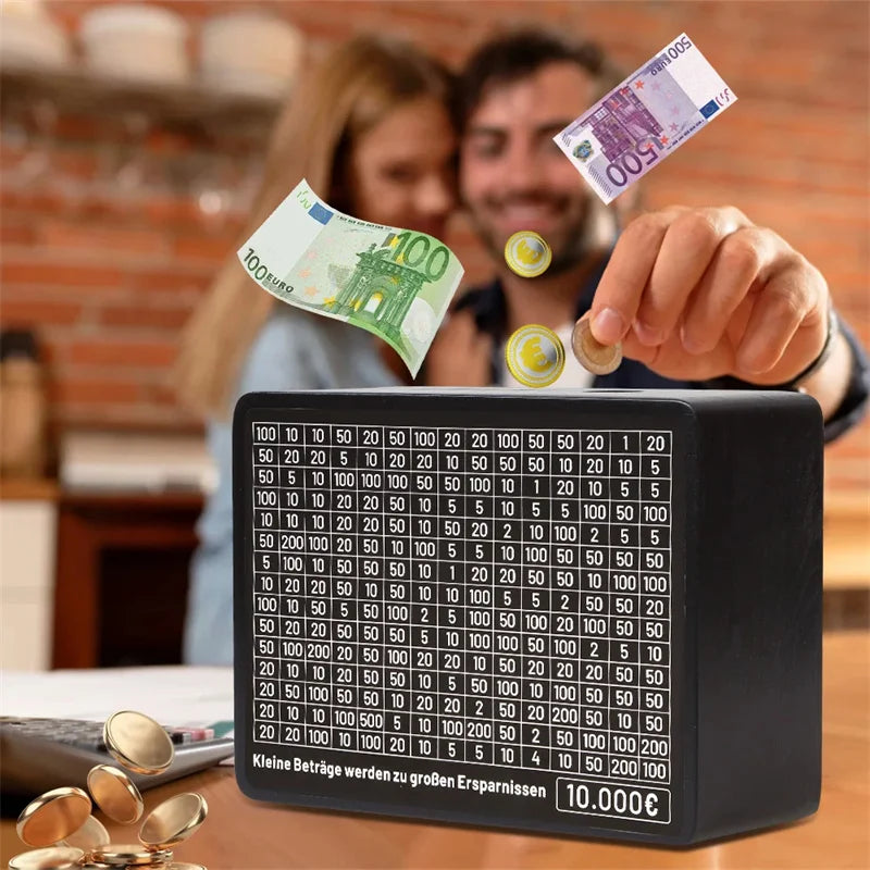 Rynx | Black Wooden Piggy Bank with Counter - Coin Bank for Saving Euros, Includes Paper Saving Goals and Numbers