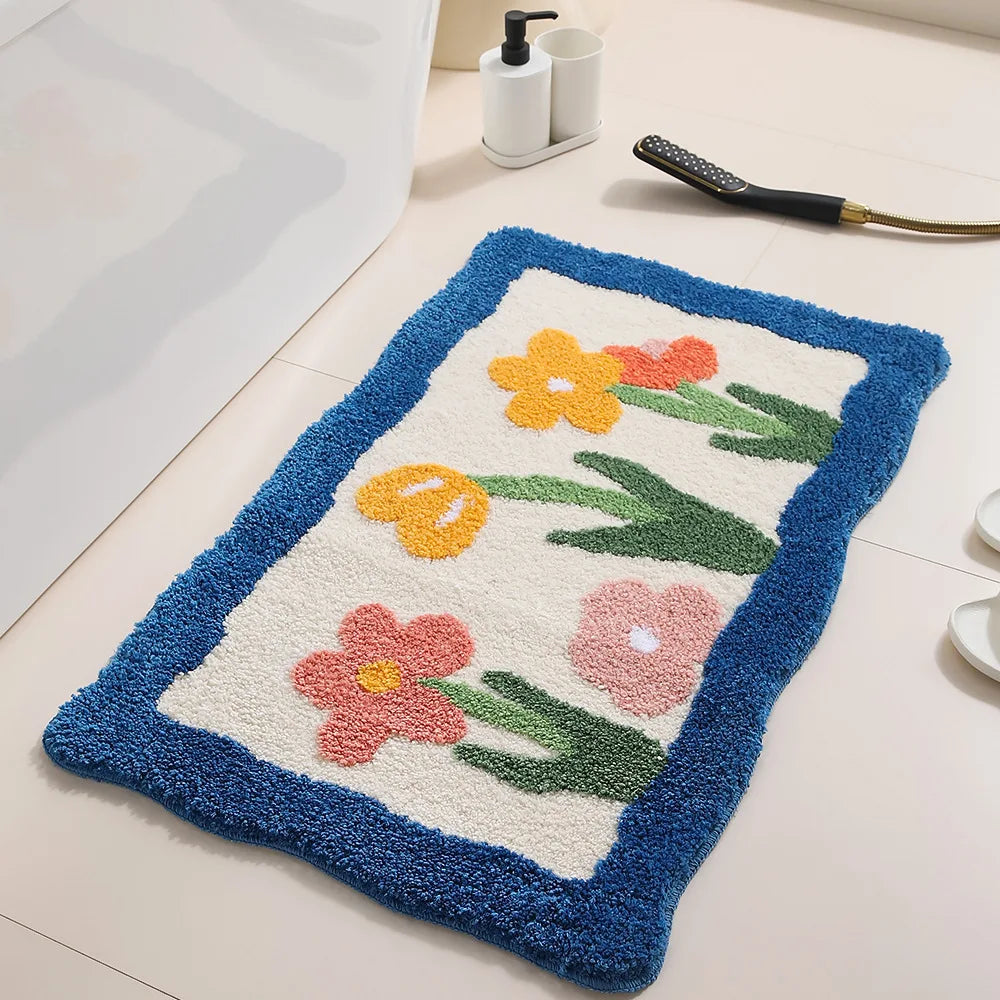 Rynx | Floral Tuffing Bathroom Mat Soft Tulip Nightstand Foot Rug Carpet Floor Cushion Bedroom Doormat Aesthetic Living Space Order Decor