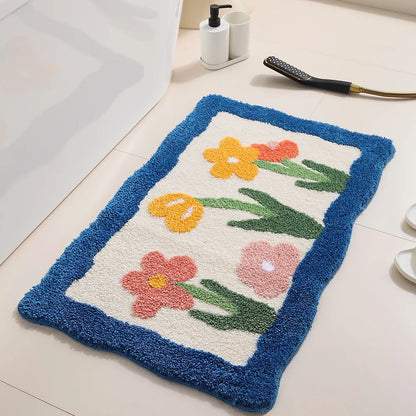 Rynx | Floral Tuffing Bathroom Mat Soft Tulip Nightstand Foot Rug Carpet Floor Cushion Bedroom Doormat Aesthetic Living Space Order Decor