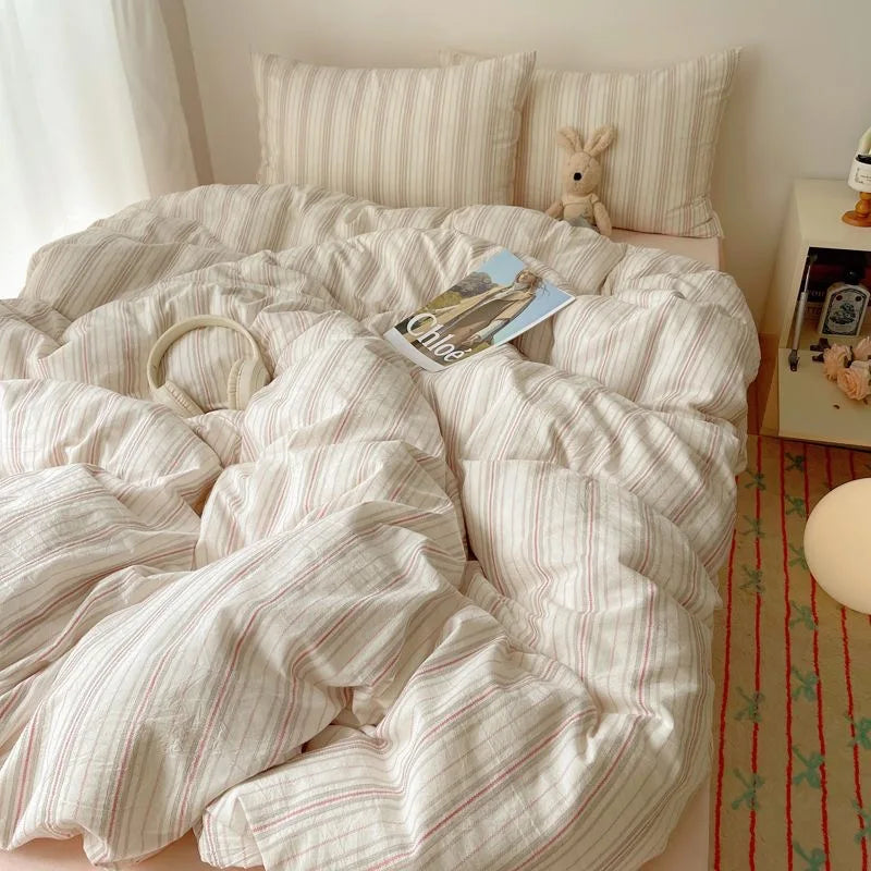 Rynx | Korean bedding set INS girl striped soft washed cotton sheet set queen king size duvet set pillowcases bedding