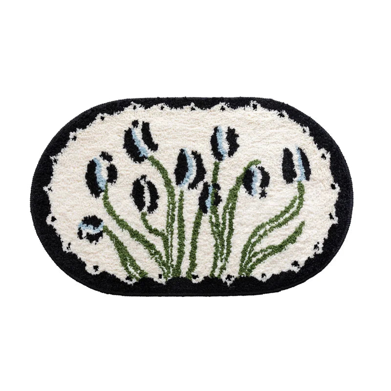 Rynx | Oval Tufting Tulip Bathroom Mat Soft Black White Bathroom Door Mat Plush Rug Bedroom Area Rug Floor Safety Mat Living Room Decor