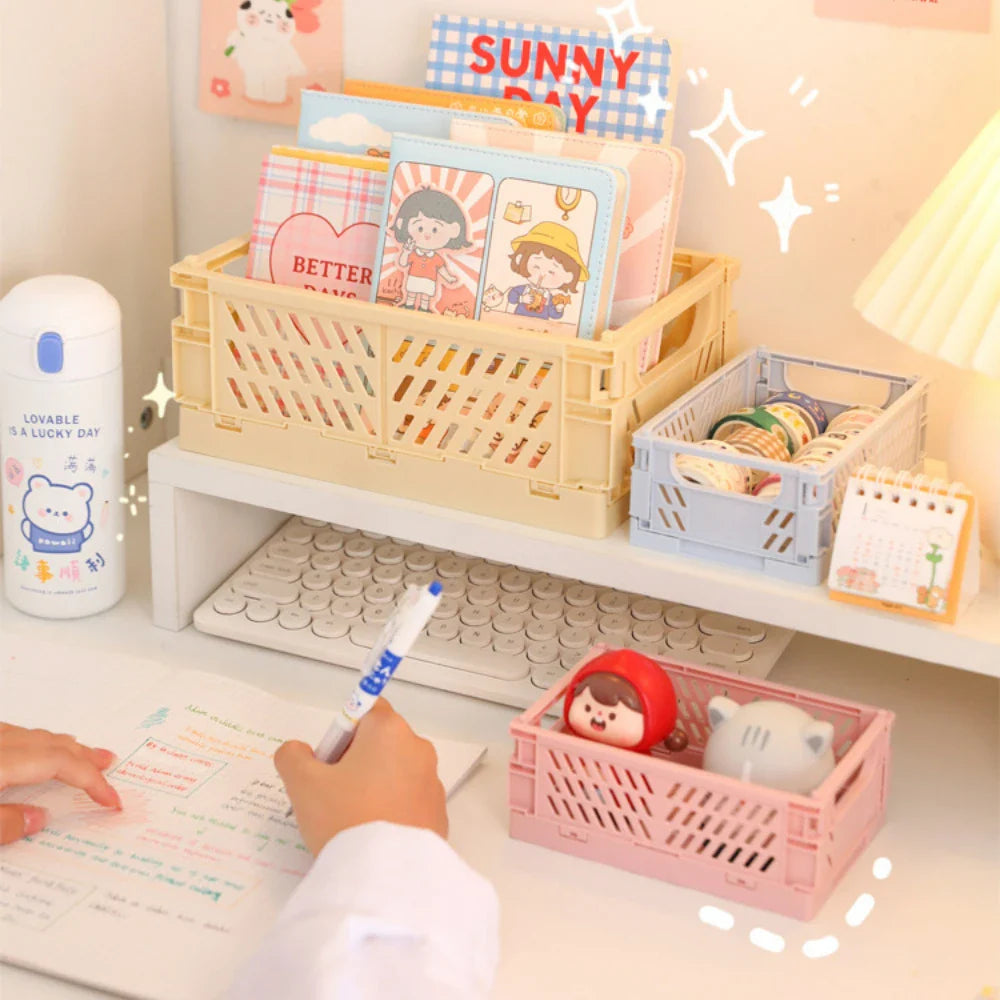 Rynx | In-Desk Storage Baskets Foldable Makeup Stationery Storage Organizer Rack Cute Desk Foldable Mini Plastic Collapsible Basket