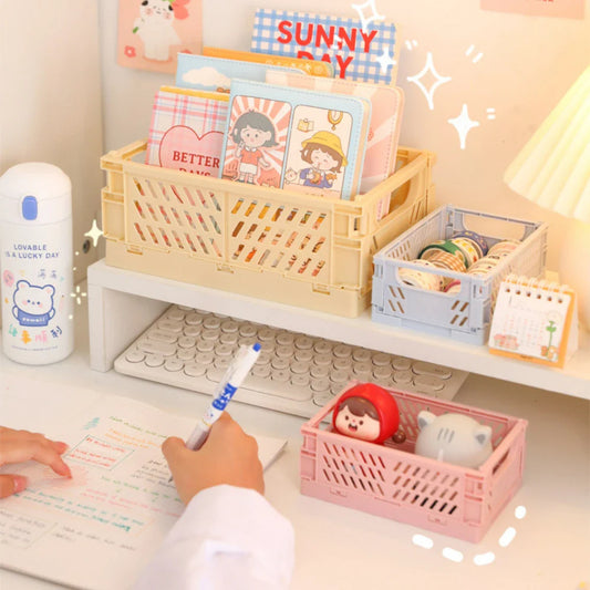 Rynx | In-Desk Storage Baskets Foldable Makeup Stationery Storage Organizer Rack Cute Desk Foldable Mini Plastic Collapsible Basket