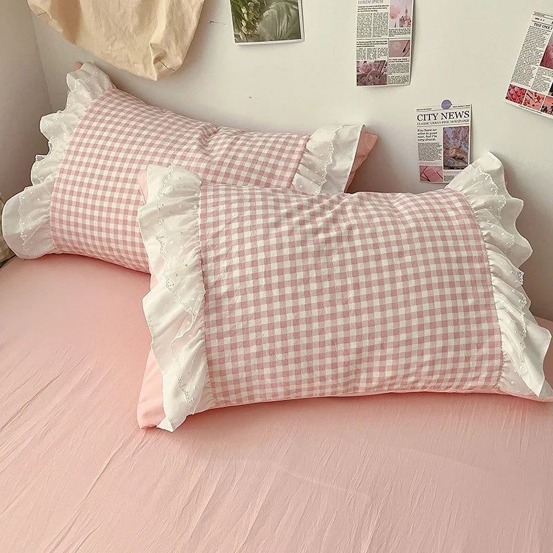 Rynx | Korean Princess Style Grid Double Layer Lace Bedding Set Soft Duvet Cover Check Pattern Bed Covers Set Bed Sheets Pillow Covers