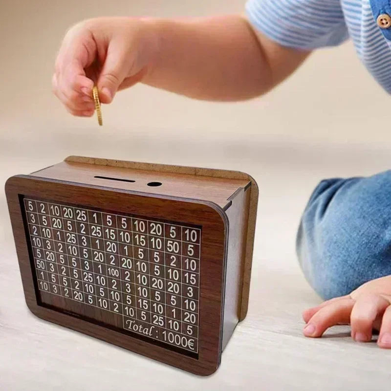 Rynx | Wooden Money Box Piggy Bank - Reusable Cash Bank with Savings Goal and Numbers for Encouraging Saving Habits