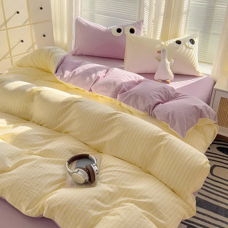 Rynx | Striped Bedding Comfort Set with Pillowcase Bed Sheet Twin Size Full Size Bedding Duvet Set Queen/King Double Twin Bed