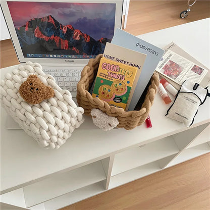 Rynx | Into Kawai Desktop Storage Basket Korea Bear Cotton Linen Woven Basket Cute Cosmetic Make-up Small Items Storage Basket Organizer Box