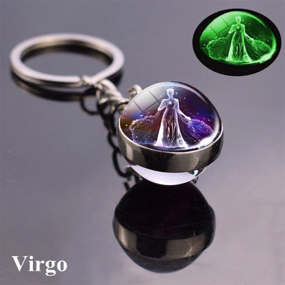 Rynx | New Luminous 12 Constellation Glass Ball Key Rings: Double Sided Zodiac Signs Keychain for Women - Glow in the Dark Birthday Gift