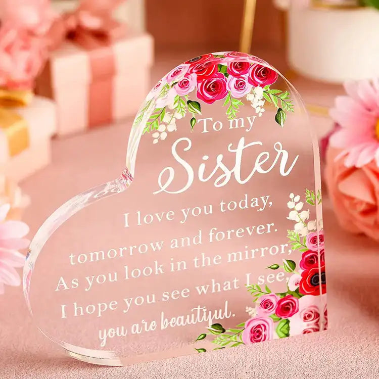 Rynx | Bestie Sister Rose Print Crystal Acrylic Heart Plaque Memorial Birthday Gift for Family Member Good Friend Souvenir Table Decor