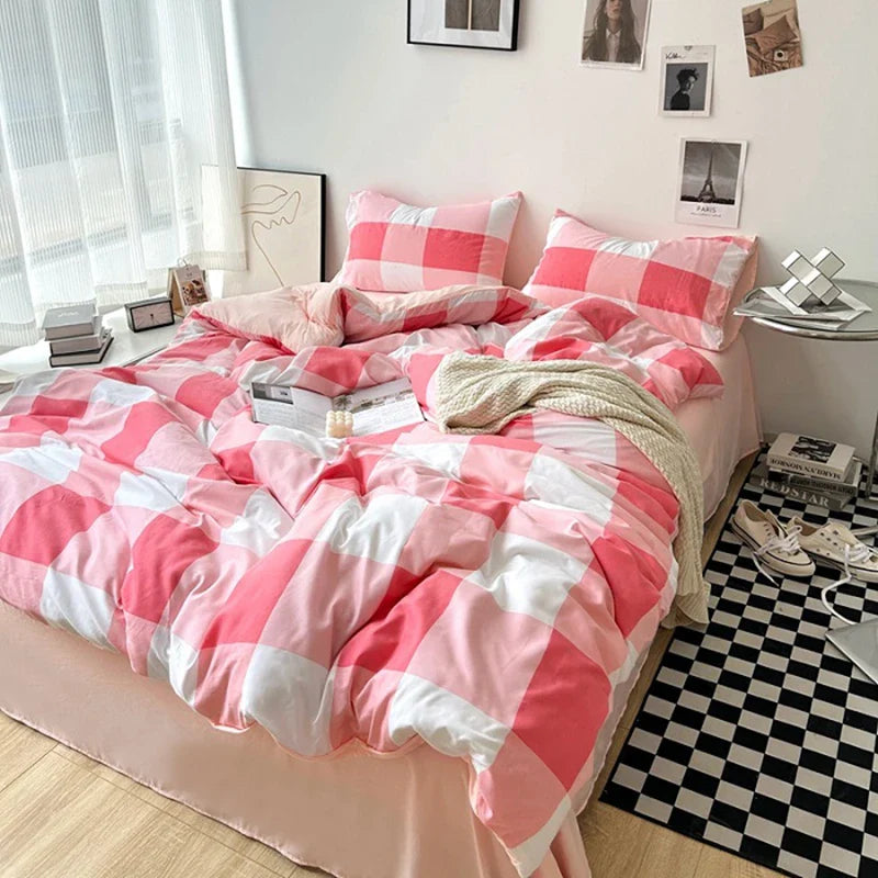 Rynx | Striped Plaid Series Bedding Comforter Sets Duvet Cover Sheet Set with Pillowcase Bedding Set for Queens/King Bed
