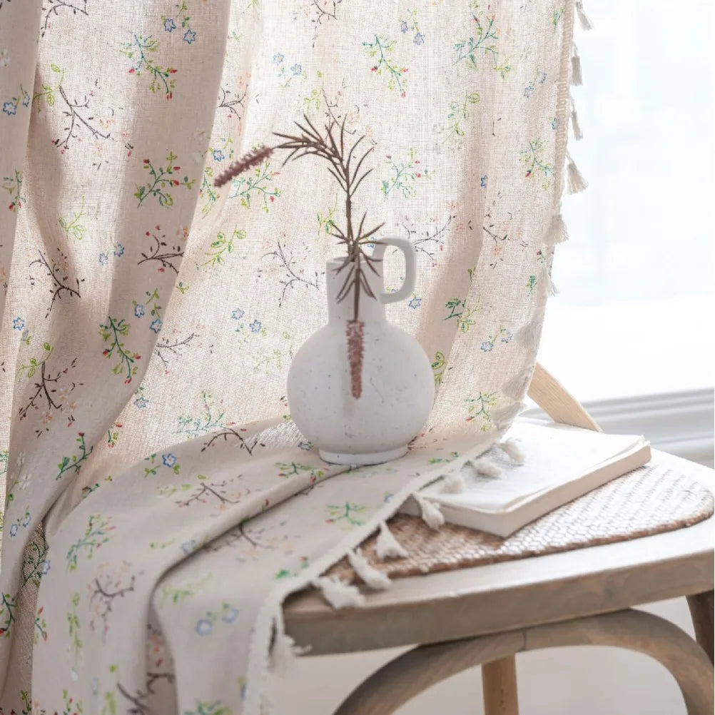 Rynx Cotton-Linen Blue Retro Orchid Curtains Floral Tassels for Kitchen Bedroom Living Room Bay Window Closet Curtain