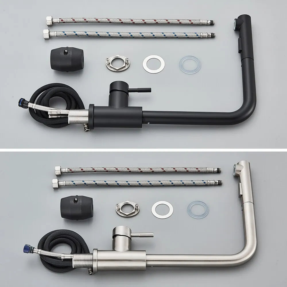 Rynx | Black Pull Out Kitchen Sink Faucet - Flexible 2 Modes Stream & Sprayer Nozzle, Stainless Steel Hot Cold Water Mixer Tap Deck