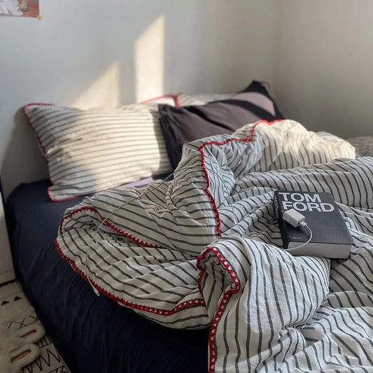 Rynx | Duvet Cover Set Quilt Set in Nordic Minimalist Style Gray Stripes Bed Set of Four Pieces, Home Luxury Bedding Set Bed Sheets