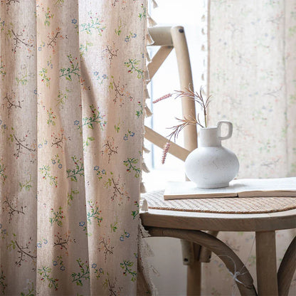 Rynx Cotton-Linen Blue Retro Orchid Curtains Floral Tassels for Kitchen Bedroom Living Room Bay Window Closet Curtain