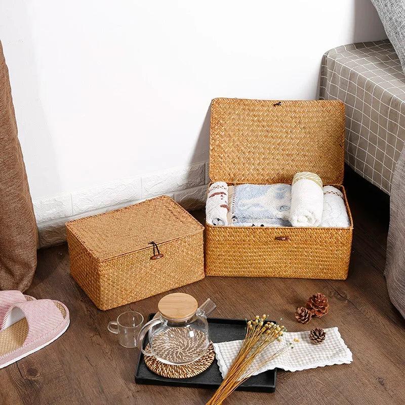 Rynx | Natural Seaweed Laundry Basket with Lid - Stylish Basket for Bath Items, Cosmetics, and Towels