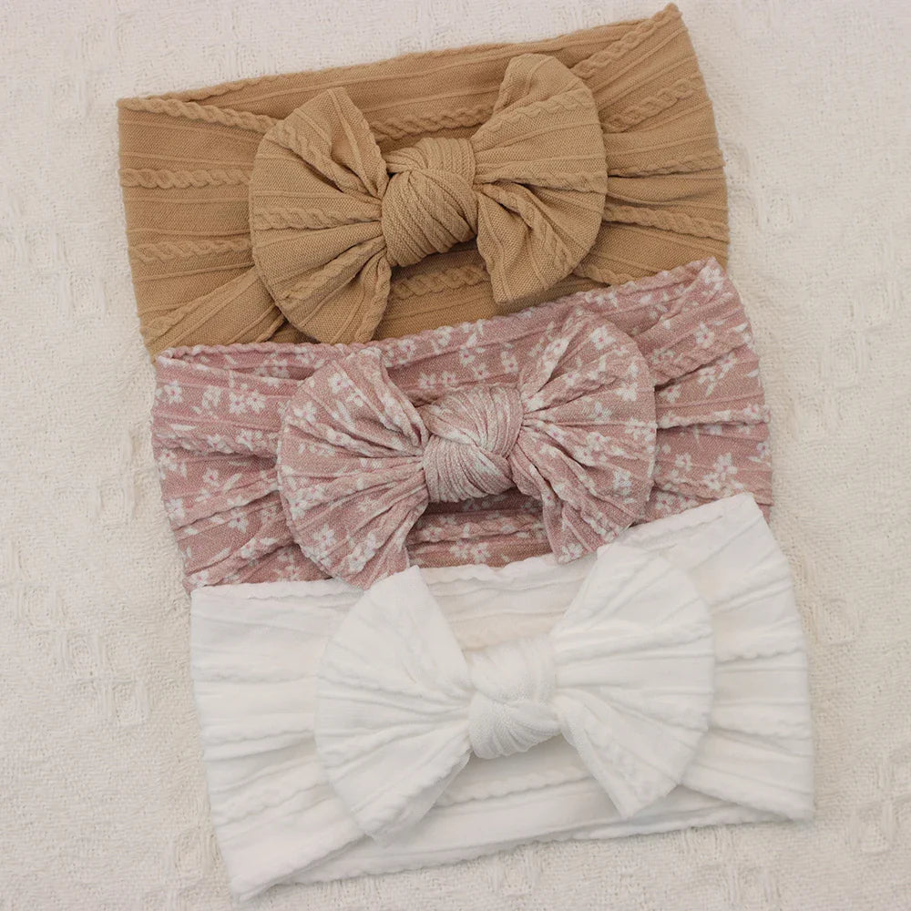 Rynx | 3Pcs Baby Headband Set: Knit Bows, Elastic Nylon Turban
