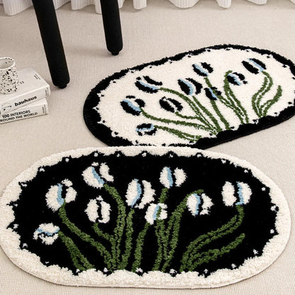 Rynx | Oval Tufting Tulip Bathroom Mat Soft Black White Bathroom Door Mat Plush Rug Bedroom Area Rug Floor Safety Mat Living Room Decor
