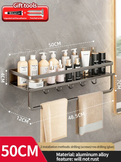 Rynx | Punch-Free Bathroom Rack – Aluminum Space-Saving Shelf – No Drill Hanging Organizer – Wall-Mounted Toilet Shelf for Efficient Bathroom Storage