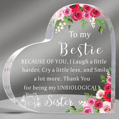 Rynx | Bestie Sister Rose Print Crystal Acrylic Heart Plaque Memorial Birthday Gift for Family Member Good Friend Souvenir Table Decor