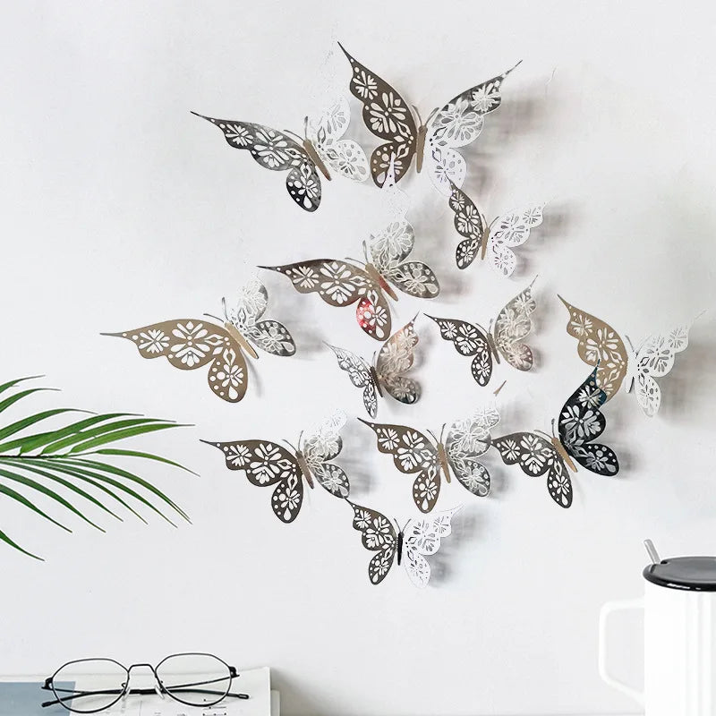 Rynx | 12 Pieces 3D Hollow Butterfly Wall Sticker - Bedroom Living Room Home Decoration Paper Butterflies